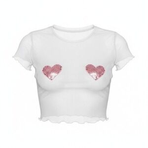 New XS Mesh Crop Top White Pastie Pink Heart Applique Nipple Rave Festival Sexy
